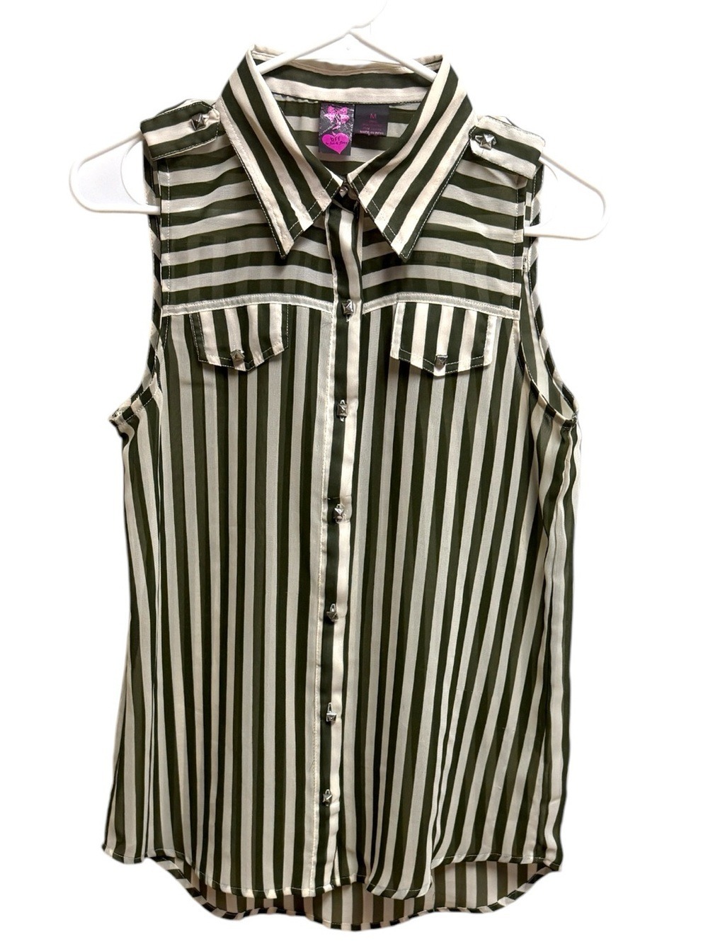 BFF Be Fun and Flirty Sheer Olive/White Blouse ✨Women's MED Pre Owned